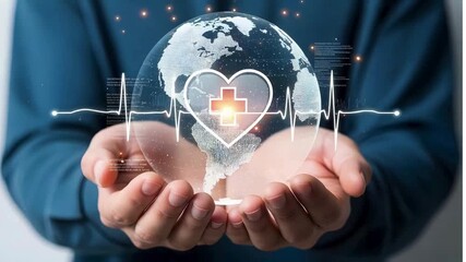Global healthcare innovation concept video with digital heartbeat and world map globe in hands for medical solutions and health technology - Powered by Adobe