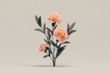 Obraz premium A delicate arrangement of peach-colored carnations and dark green leaves stands against a neutral backdrop, evoking a sense of serenity and calm.