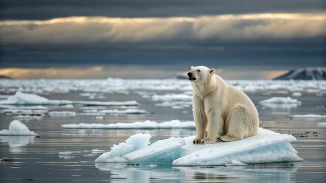 Polar bear melting ice sheet highlights urgent climate change impact with cold ocean and cloudy sky background awareness campaign