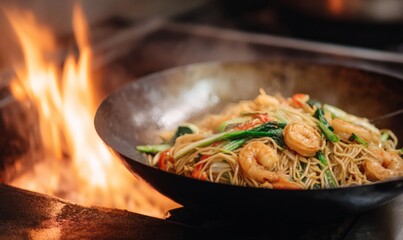 Wok filled with noodles, shrimp, and vegetables being tossed in the air
