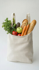 Fresh Groceries in a Reusable Bag on Neutral Background