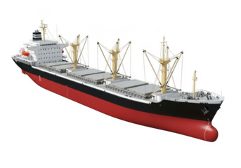 Massive bulk carrier ship navigation on the open sea detailed close up transparent background