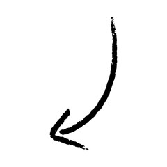 Simple Hand Drawn Arrow Pointing Downward in a Curved Stroke of Black Line Art on a White Background