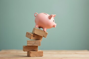 Piggy Bank on Falling Wood Block Tower. Financial Crash Concept.