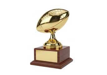 Golden american football trophy on wooden base representing victory and championship achievement transparent background
