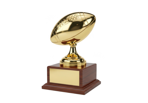 Golden american football trophy on wooden base representing victory and championship achievement transparent background