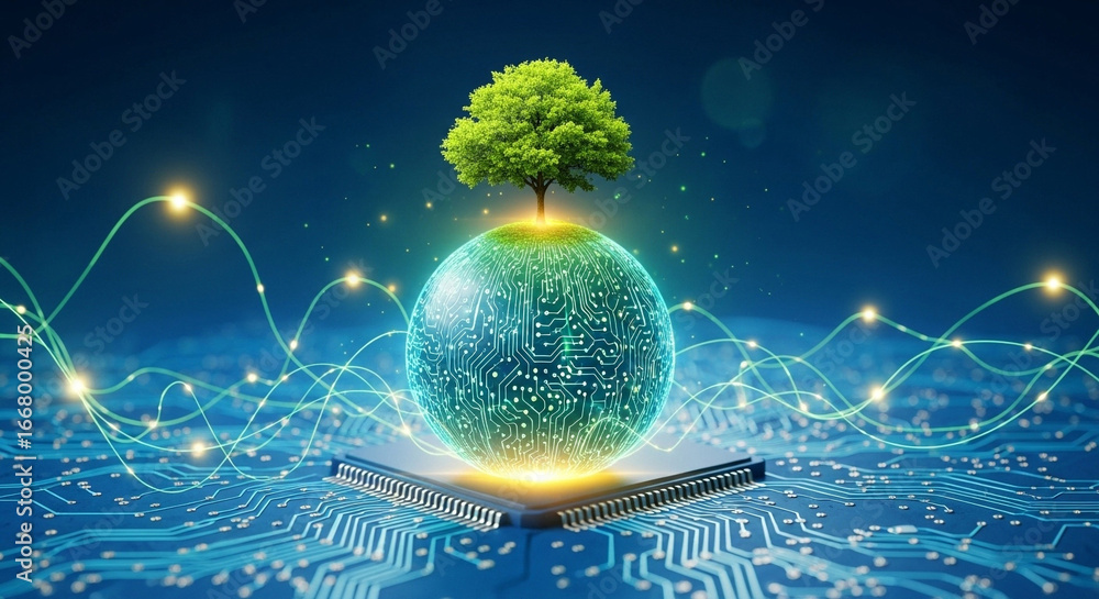 Poster a digital globe with a tree on top resting on a computer chip with glowing lines around it on blue o