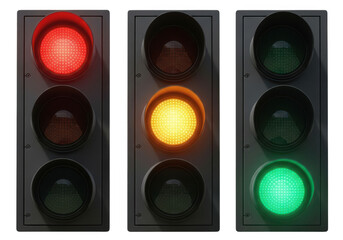 Three traffic lights showing red yellow and green signals illuminated in darkness transparent background