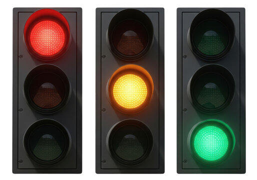 Three traffic lights showing red yellow and green signals illuminated in darkness transparent background