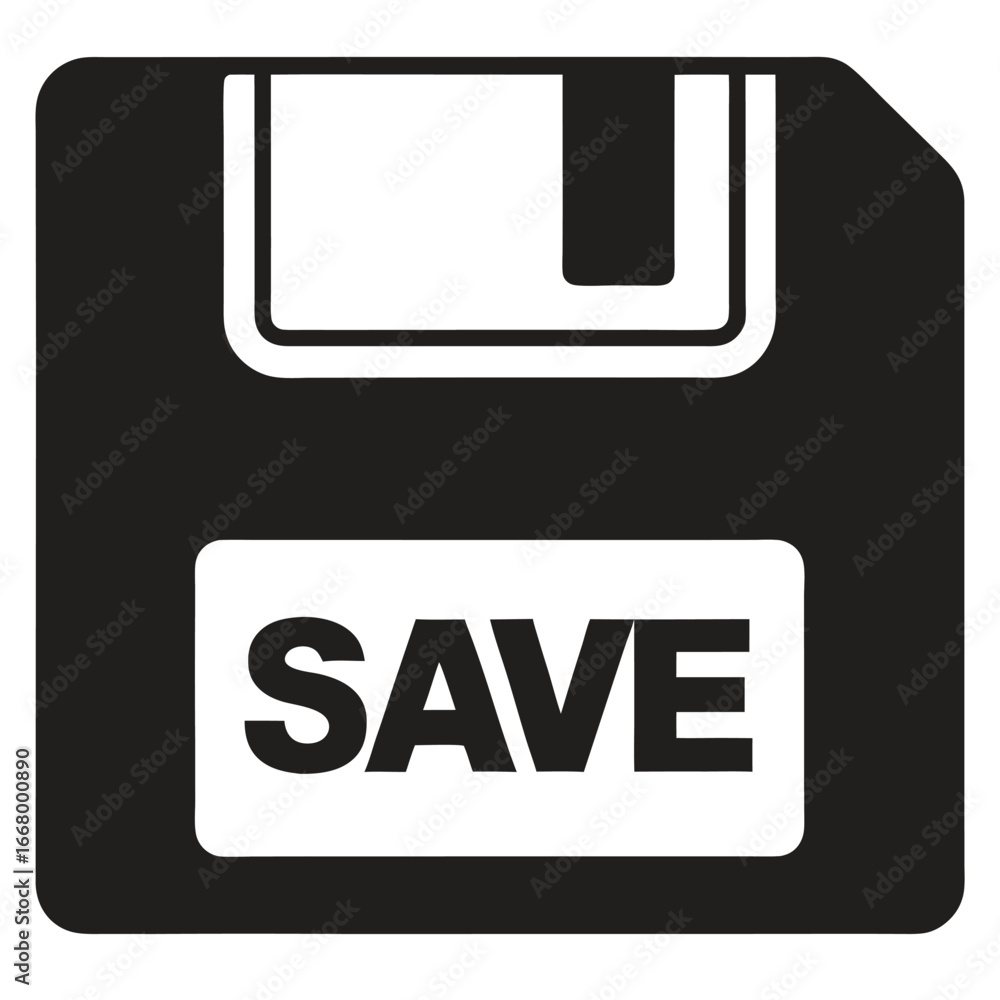 Poster black and white icon of a floppy disk with the word save, symbolizing data saving and storage