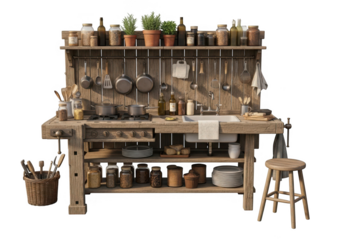 Rustic wooden workbench laden with vintage kitchenware and gardening tools transparent background