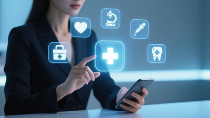 Professional businesswoman uses smartphone with glowing health icons, concept of online insurance and financial security