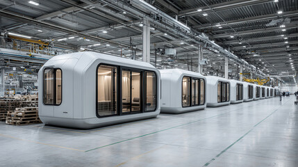 Fototapeta premium automated assembly line efficiently produces soundproof office capsules in pristine environment