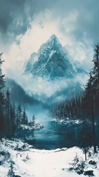 A snowy mountain scene with a lake and trees in the fore