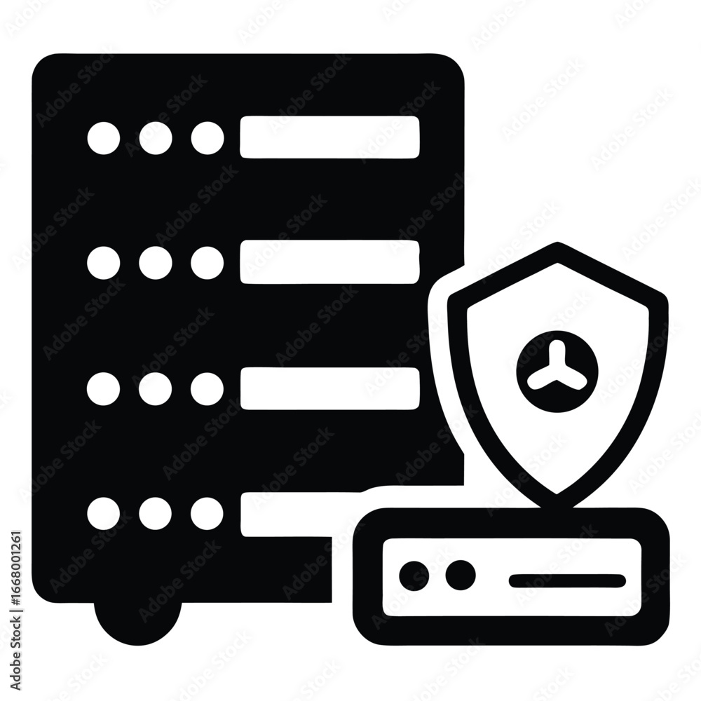 Poster server rack with shield and network device, cybersecurity concept