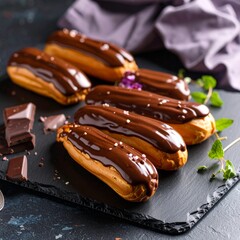 A trio of decadent chocolate eclairs with rich glaze and fresh berries on a dark background.