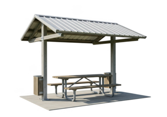 Outdoor wooden picnic shelter with table and benches for recreation and relaxation transparent background