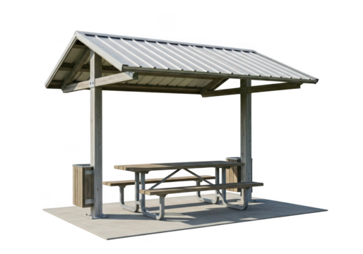 Outdoor wooden picnic shelter with table and benches for recreation and relaxation transparent background