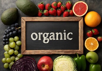 Fresh organic fruits and vegetables surrounding a chalkboard