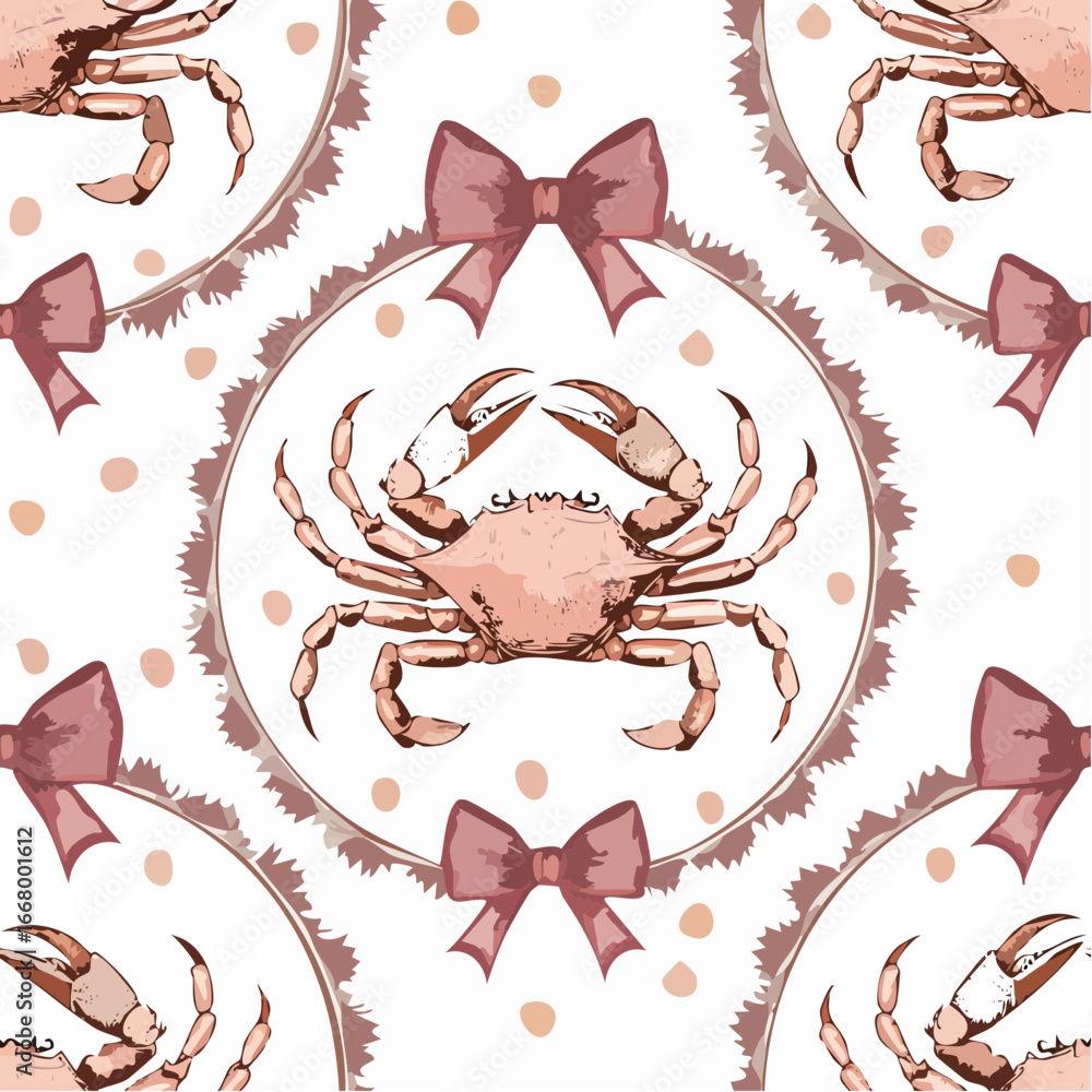 Poster seamless pattern with hand drawn crab in ribbon frame with bow. mediterranean elegant background.