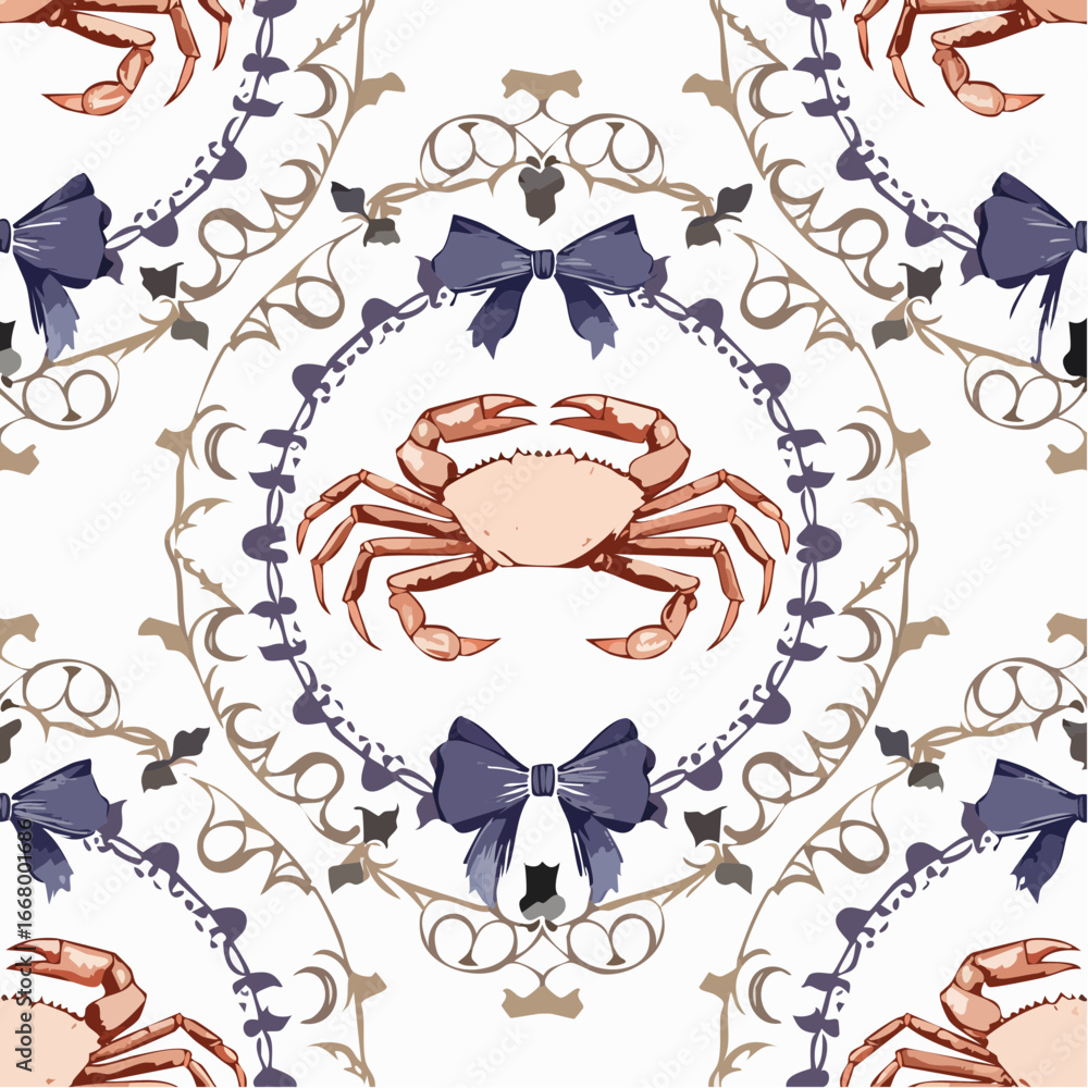 Poster seamless pattern with hand drawn crab in ribbon frame with bow. mediterranean elegant background.