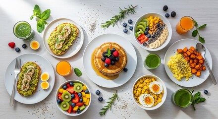 Variety of healthy breakfast foods with avocado toast pancakes and fresh fruit