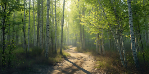 Fototapeta premium Sunlit Birch Forest Path with Tranquil Ambiance
