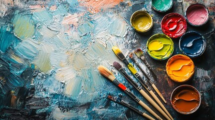Fototapeta premium artistic environment background of flat lay of art supplies in bright colors, morning sunlight, playful texture, expressive setting