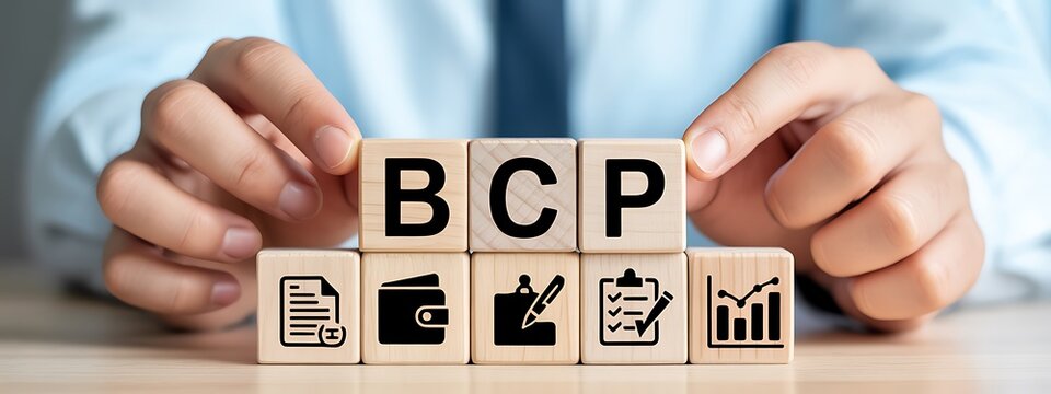 Business continuity plan bcp wooden blocks with financial and document icons held by hands illustration