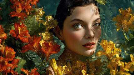Woman enjoying summer at the beach surrounded by vibrant flowers