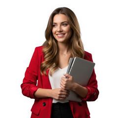 Naklejka premium Professional woman in red blazer holding notebook smiling confidently in studio portrait transparent background