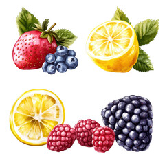 A refreshing medley of fresh berries and sliced lemons presented as a delightful fruit assortment transparent background