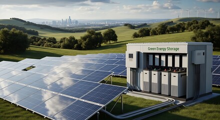 Solar panels and a green energy storage unit on a grassy hill overlooking a city.