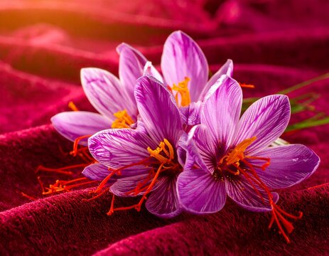 Close-up of vibrant purple saffron crocus flowers on a rich burgundy fabric background
