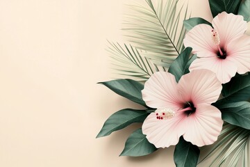 Fototapeta premium Delicate arrangement of pastel pink hibiscus flowers and tropical leaves against a soft beige background.