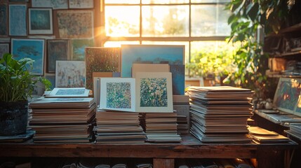 artistic environment background of art prints stacked beside sketchbooks, sunbeam through window, organized chaos, productive feel
