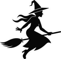 Witch Riding Broomstick With Witch Hat Blowing Back