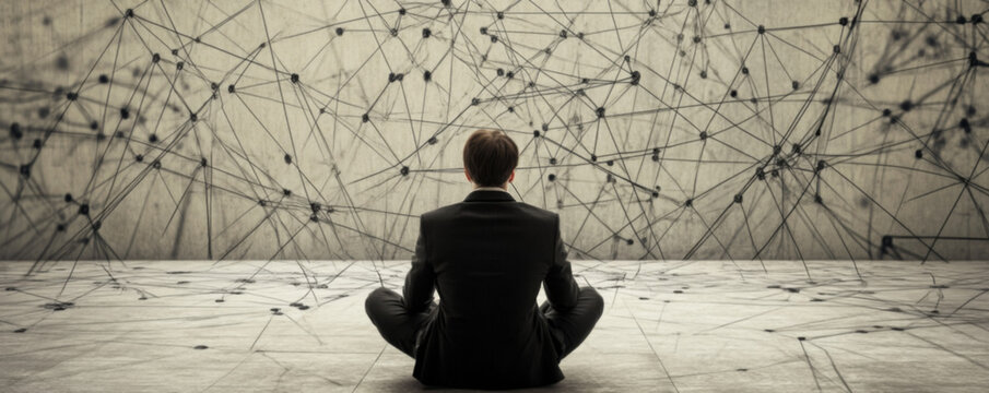 Businessman Contemplating Complex Network on White Background - Powered by Adobe