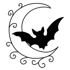 Hand drawn halloween bat and crescent moon illustration with swirling gothic vine doodles magical spooky night sky design for journaling scrapbooking stickers party invitations and mystical crafts
