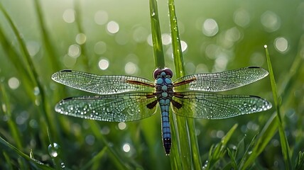 A dragonfly with dew drops on its wings perched on blades of grass in a field of green bokeh