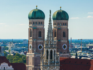 Skyline with Frauenkirche and Marienplatz town hall tower in Munich, Germany