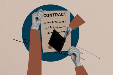 Creative poster collage of hands hold contract with netbook on brown background
