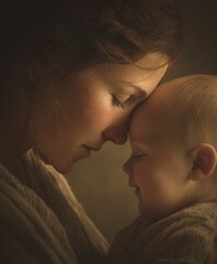 A realistic, intimate image of the same brunette mother gently kissing the forehead of her six-month-old fair-skinned smiling baby girl, both wearing neutral tones, set against a softly blurred backgr