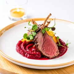 Exquisite lamb chops with a vibrant beetroot puree, garnished with fresh herbs and a drizzle of rich sauce.