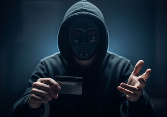Criminal with hidden face in mask holding credit card. Phishing and cybercrime prevention concept