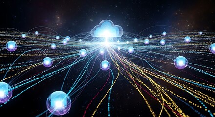 Glowing cloud computing network, interconnected data spheres, digital streams.