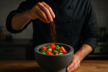 Chef seasoning a tomato, basil, and mozzarella salad in a bowl.
