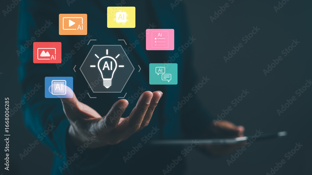 Poster a person holds a tablet, surrounded by colorful icons representing ai technology and applications, c