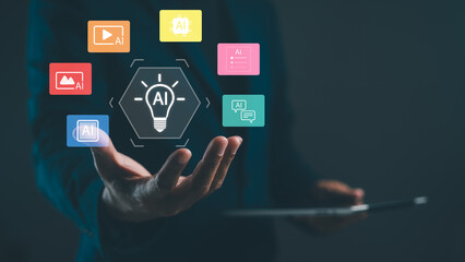 A person holds a tablet, surrounded by colorful icons representing AI technology and applications, conveying innovation and digital solutions.