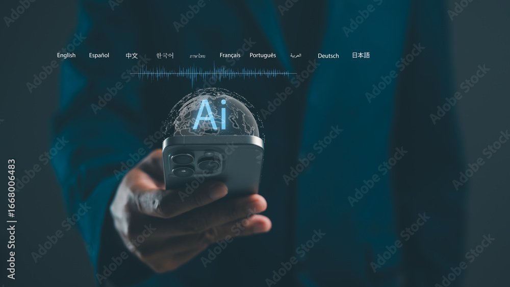 Aufkleber a person in a suit holds a smartphone displaying an ai interface, symbolizing technology and communi